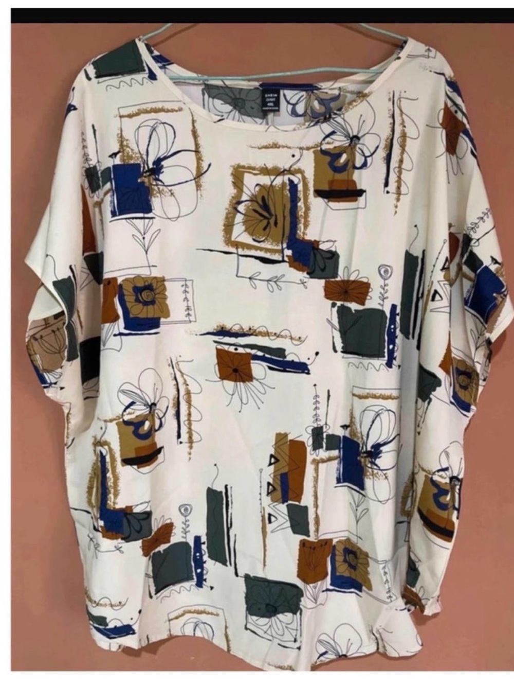 SHEIN Cream Boxy Tunic with Blue, Green & Brown Abstract Print